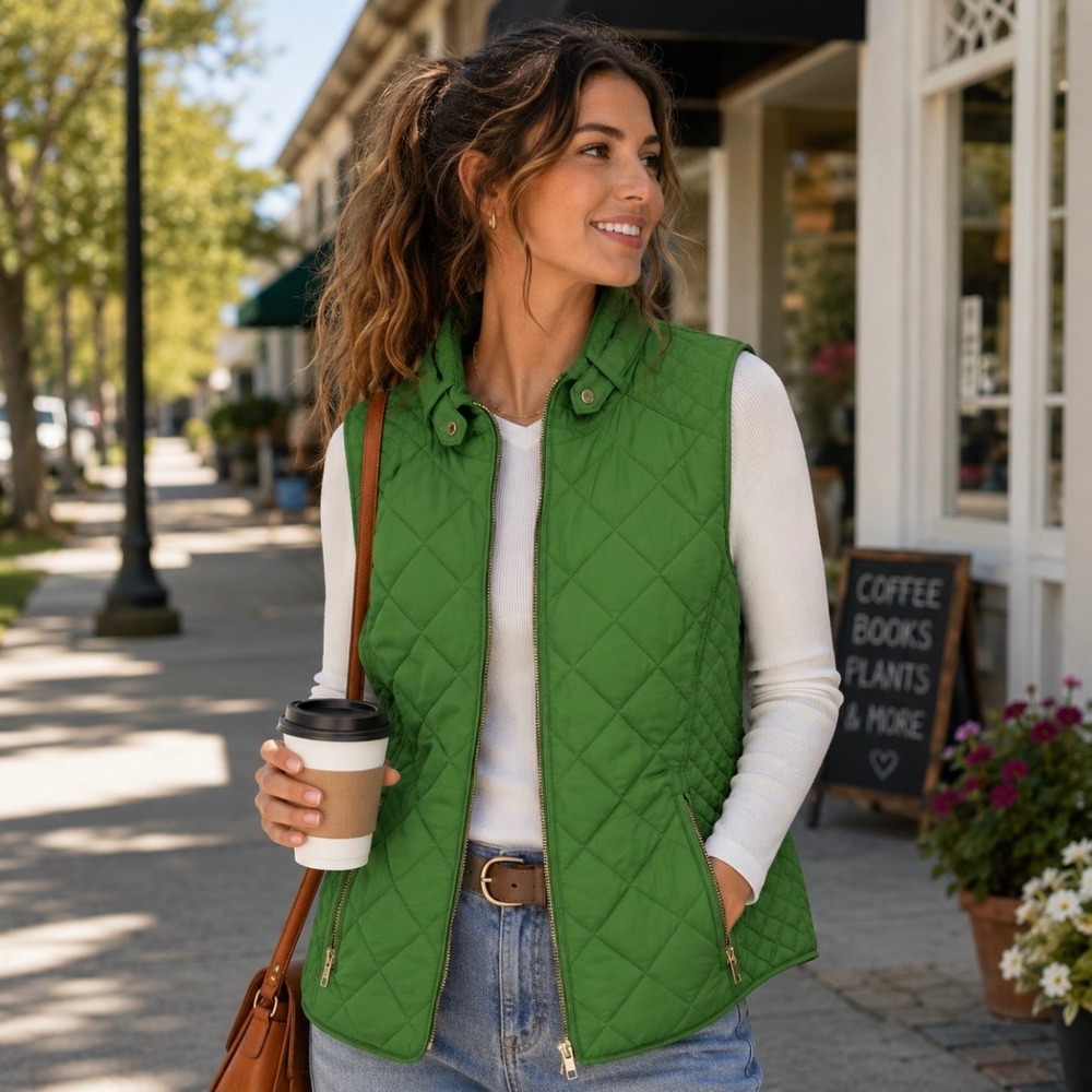 NEW Crown & Ivy Quilted Puffer Vest Size S Green Full Gold Zip Preppy Normcore